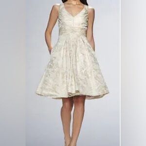 Theia Vintage Inspired Full Skirt Mini Short Wedding Dress 12 Cream Gold